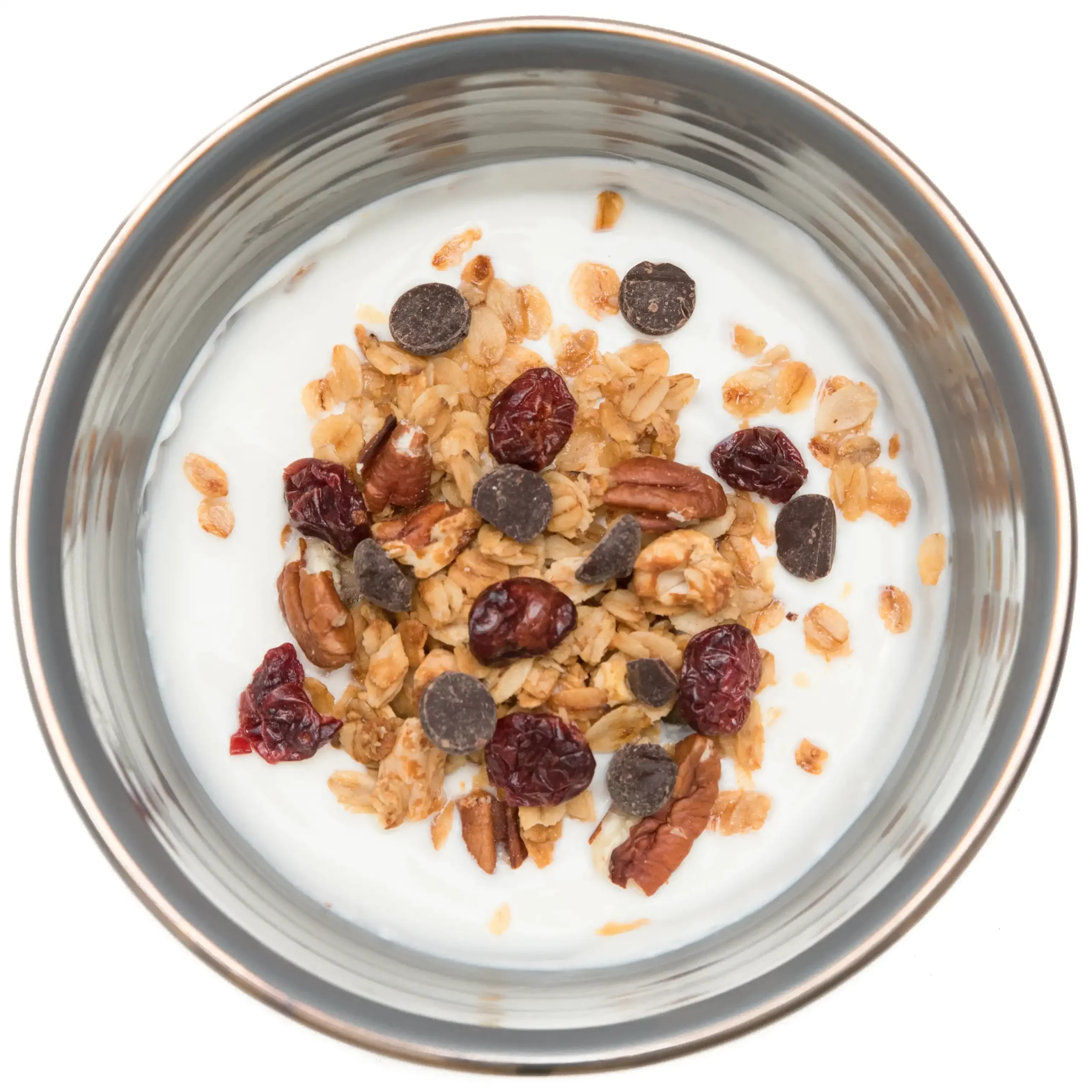 Kom yoghurt granola met cranberry en donkere chocolade