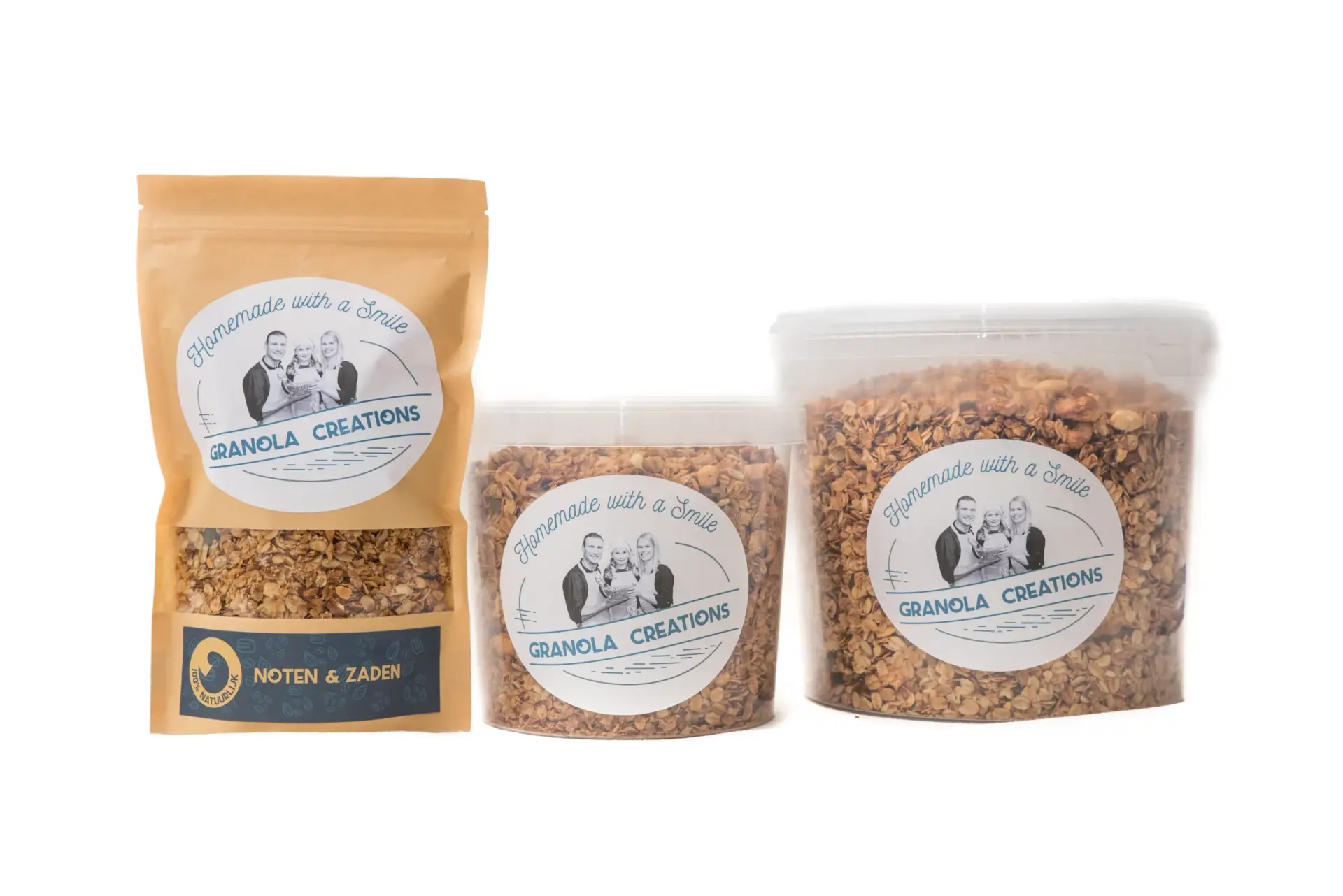 De drie mogelijke verpakkingen voor de noten en zaden granola